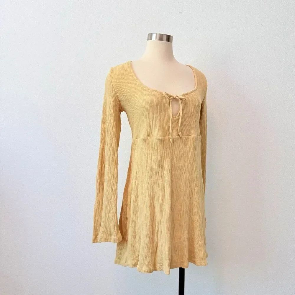 Free People Beach Yellow Gold Bell Sleeve Mini Dress Large L Textured Boho